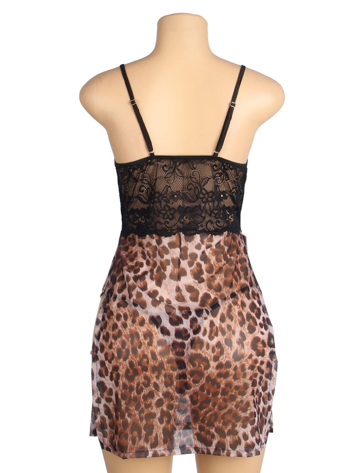 Nuisette sexy à fente latérale en dentelle à imprimé léopard avec chaînes Or