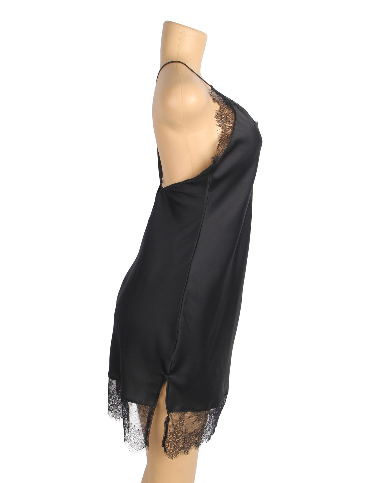 Chemise de nuit en dentelle de cils en satin sexy noir