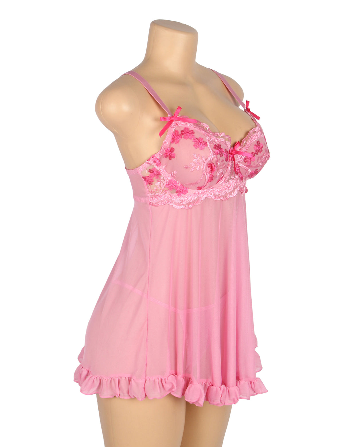 Nuisette sexy rose en maille brodée de dentelle avec soutien-gorge à bretelles