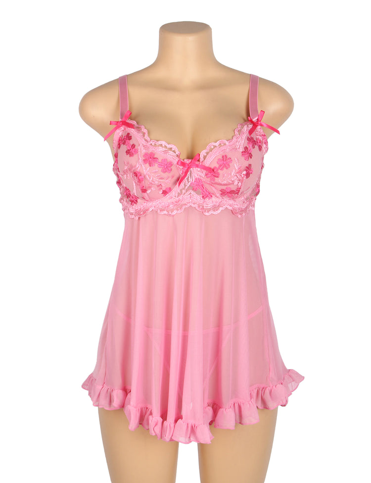 Nuisette sexy rose en maille brodée de dentelle avec soutien-gorge à bretelles