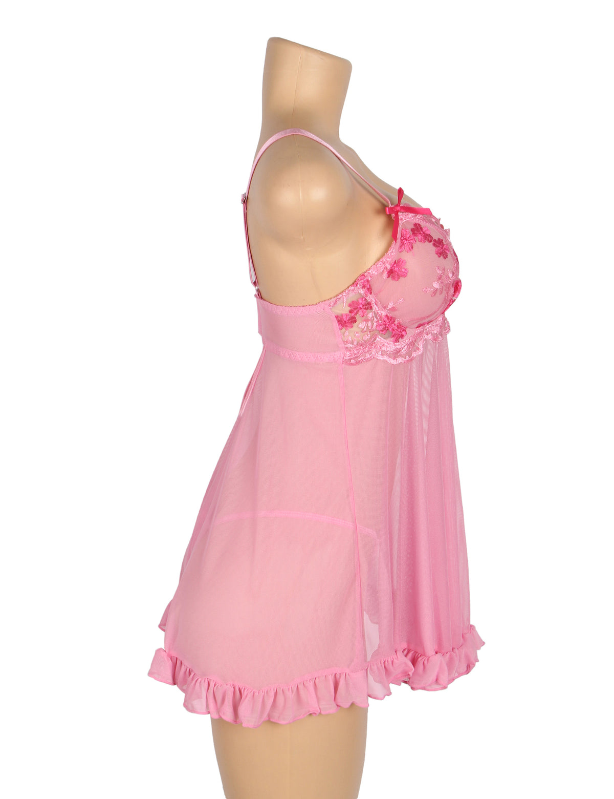 Nuisette sexy rose en maille brodée de dentelle avec soutien-gorge à bretelles