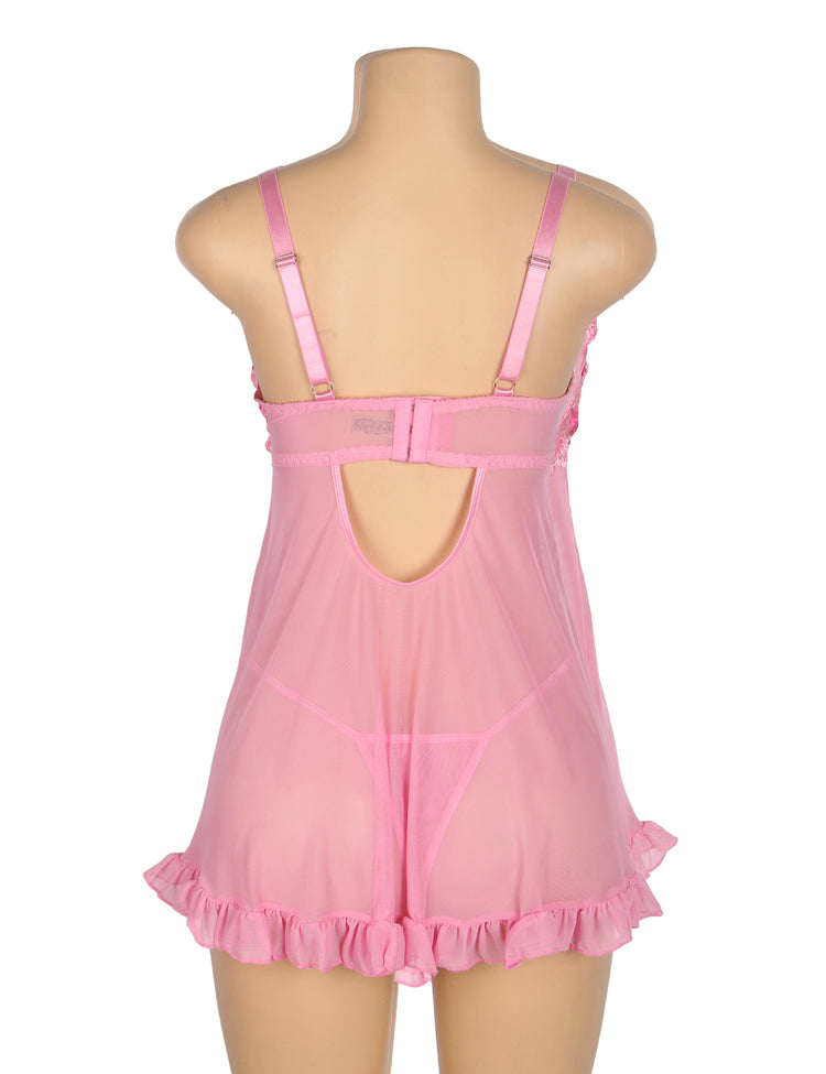 Nuisette sexy rose en maille brodée de dentelle avec soutien-gorge à bretelles