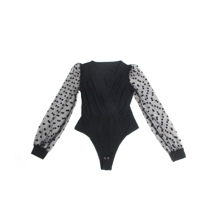 Body sexy noir à col en V profond et à pois en maille à manches longues