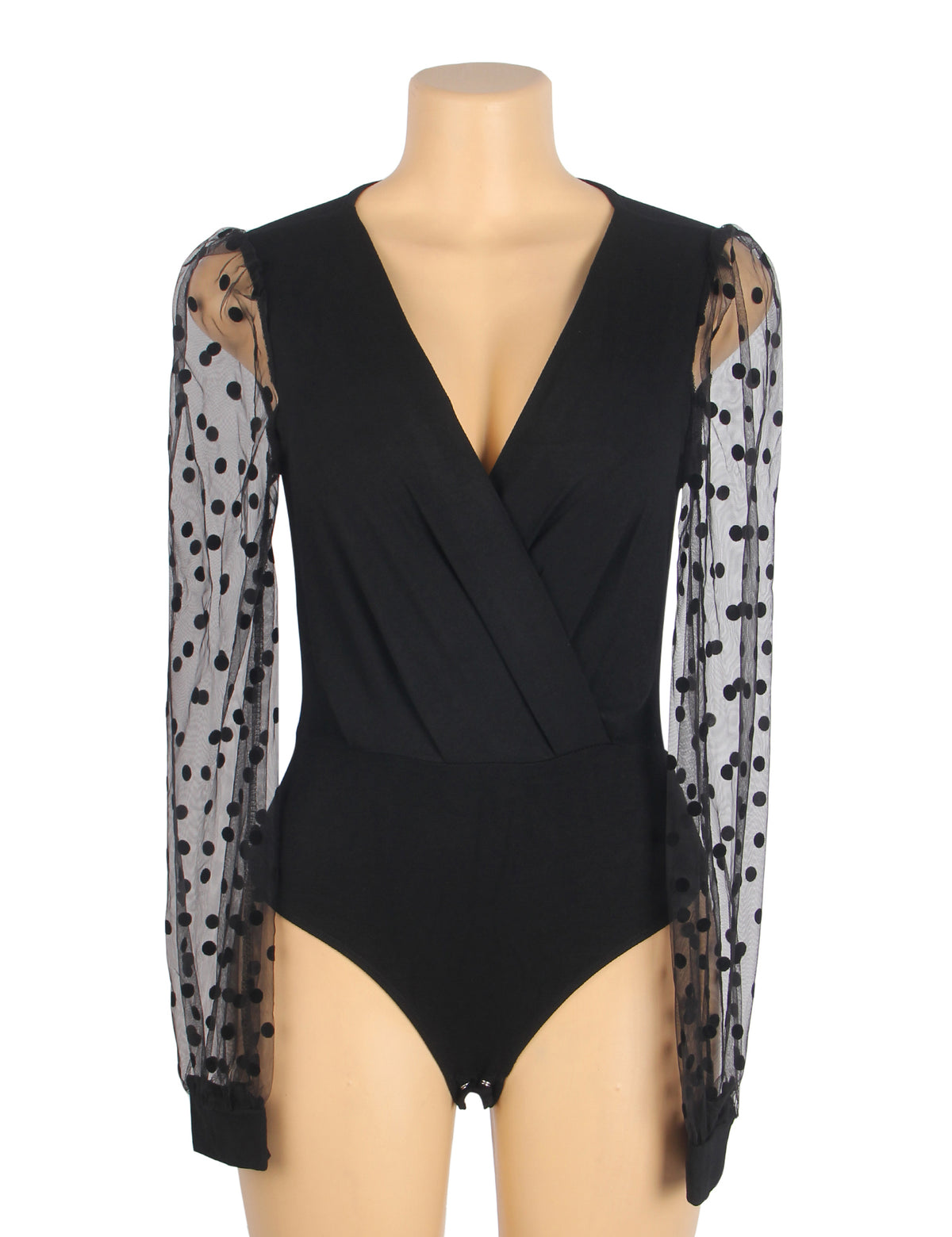 Body sexy noir à col en V profond et à pois en maille à manches longues