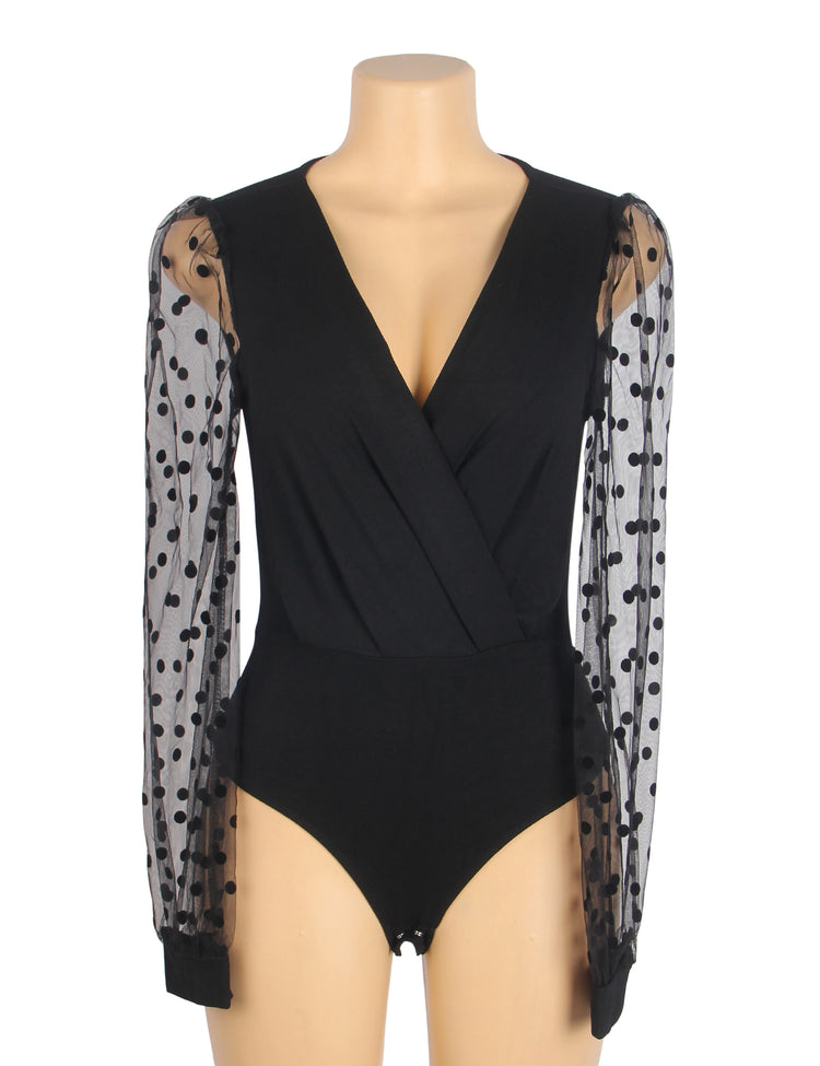 Body sexy noir à col en V profond et à pois en maille à manches longues