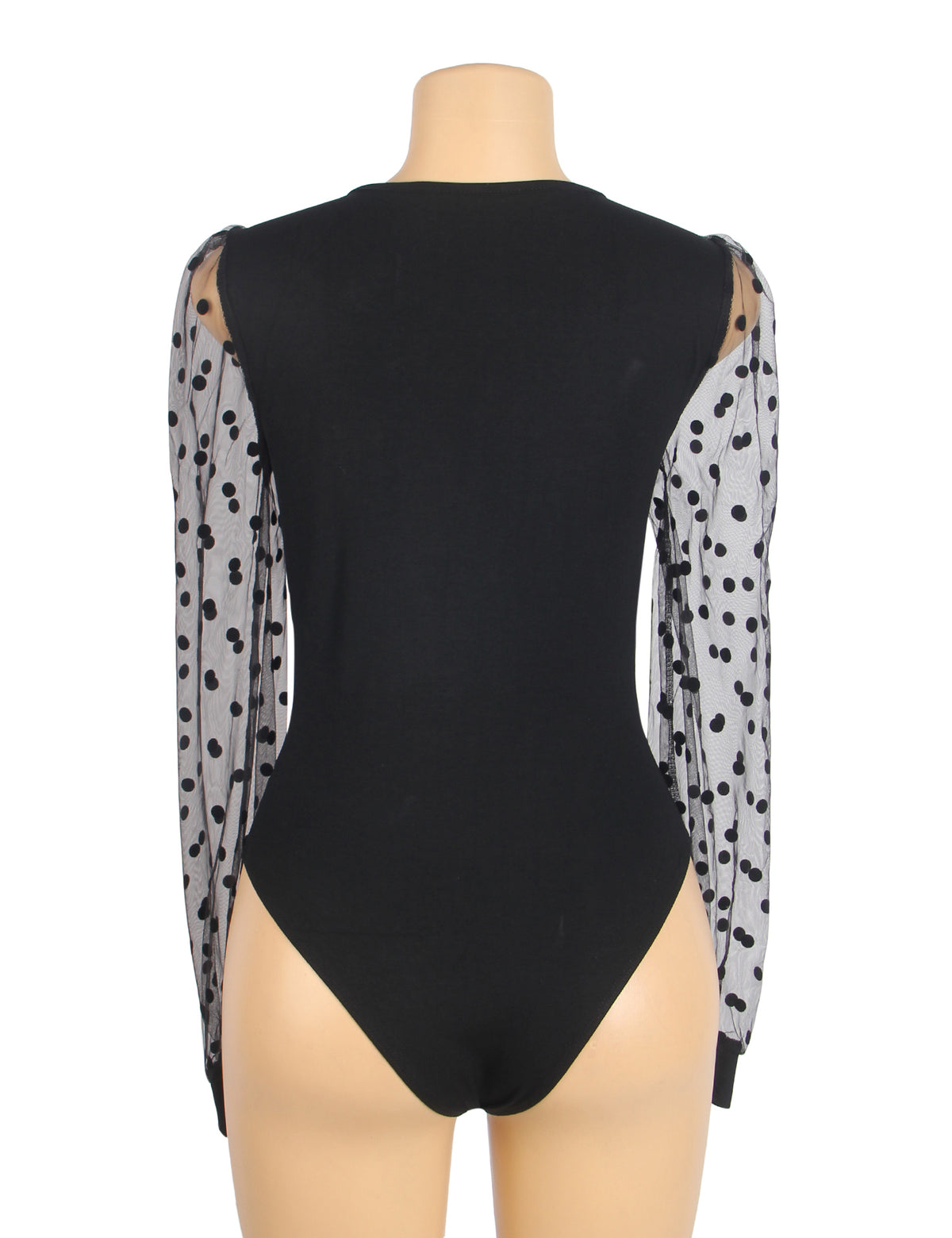 Body sexy noir à col en V profond et à pois en maille à manches longues
