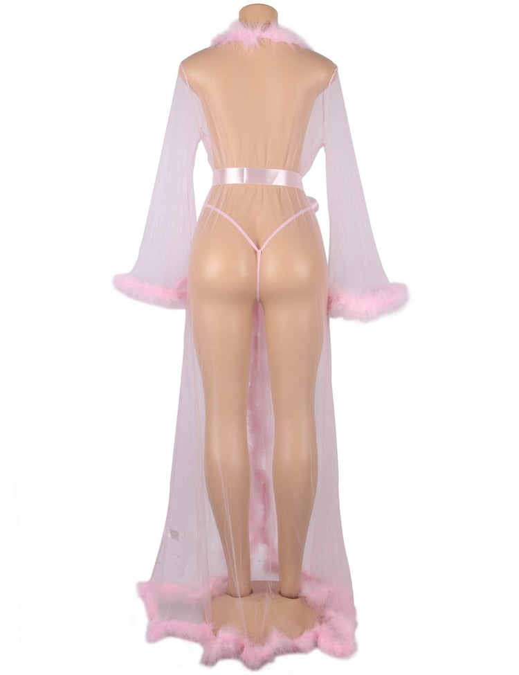 Nuisette en Maille Rose avec Bordure en Peluche et Ceinture