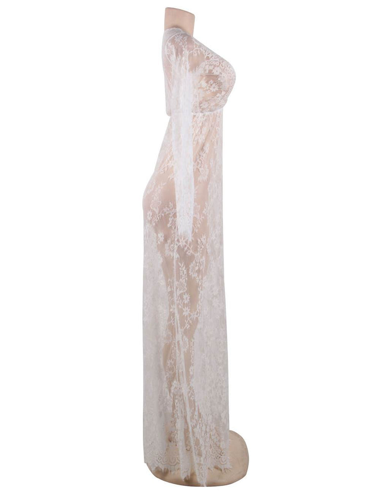 Nuisette De Nuit Longue Blanche Avec String Sexy Vêtements De Nuit Transparents À Col En V