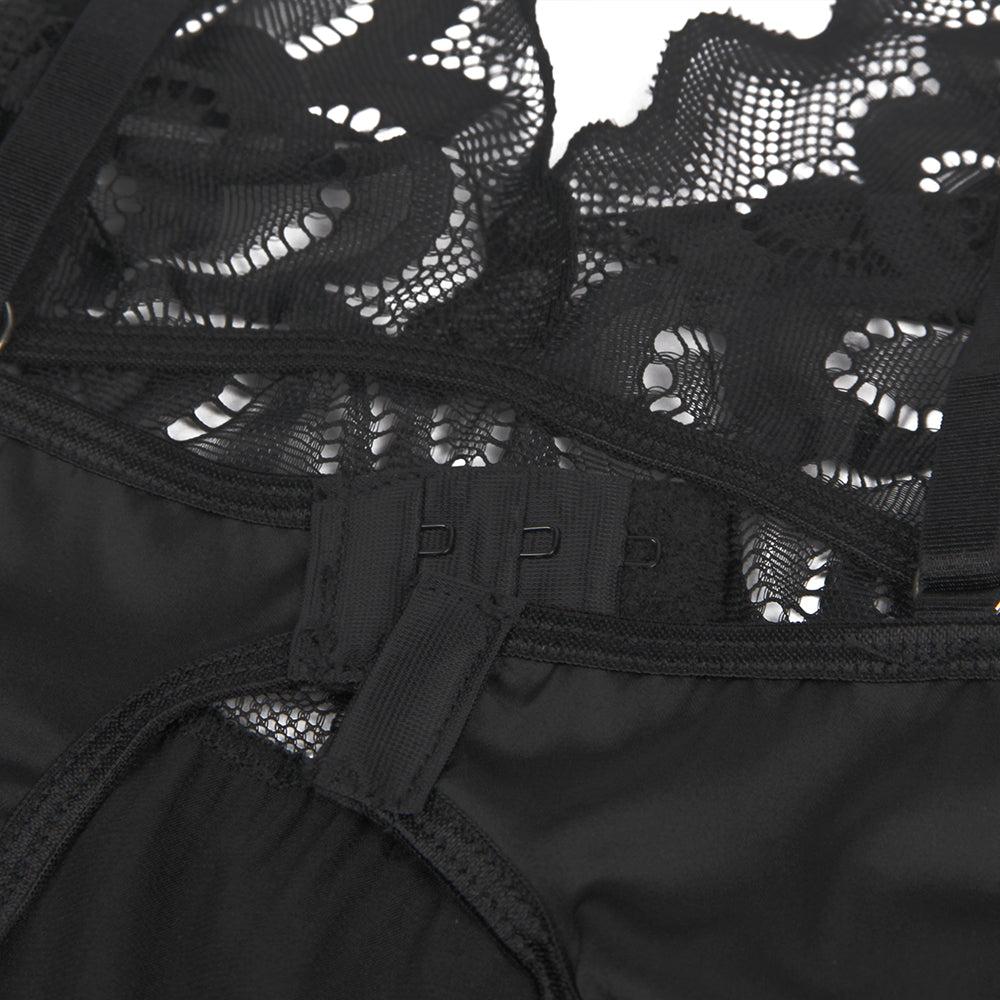 Nuisette Fermeture arrière florale en dentelle noir avec crochet et œil au dos
