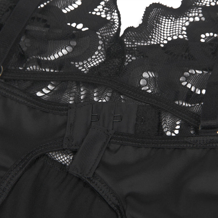 Nuisette Fermeture arrière florale en dentelle noir avec crochet et œil au dos