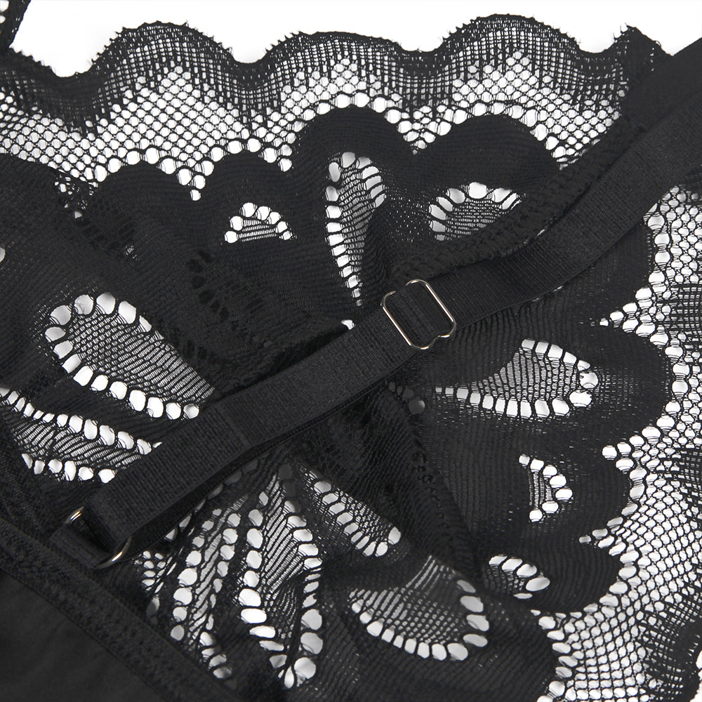 Nuisette Fermeture arrière florale en dentelle noir avec crochet et œil au dos