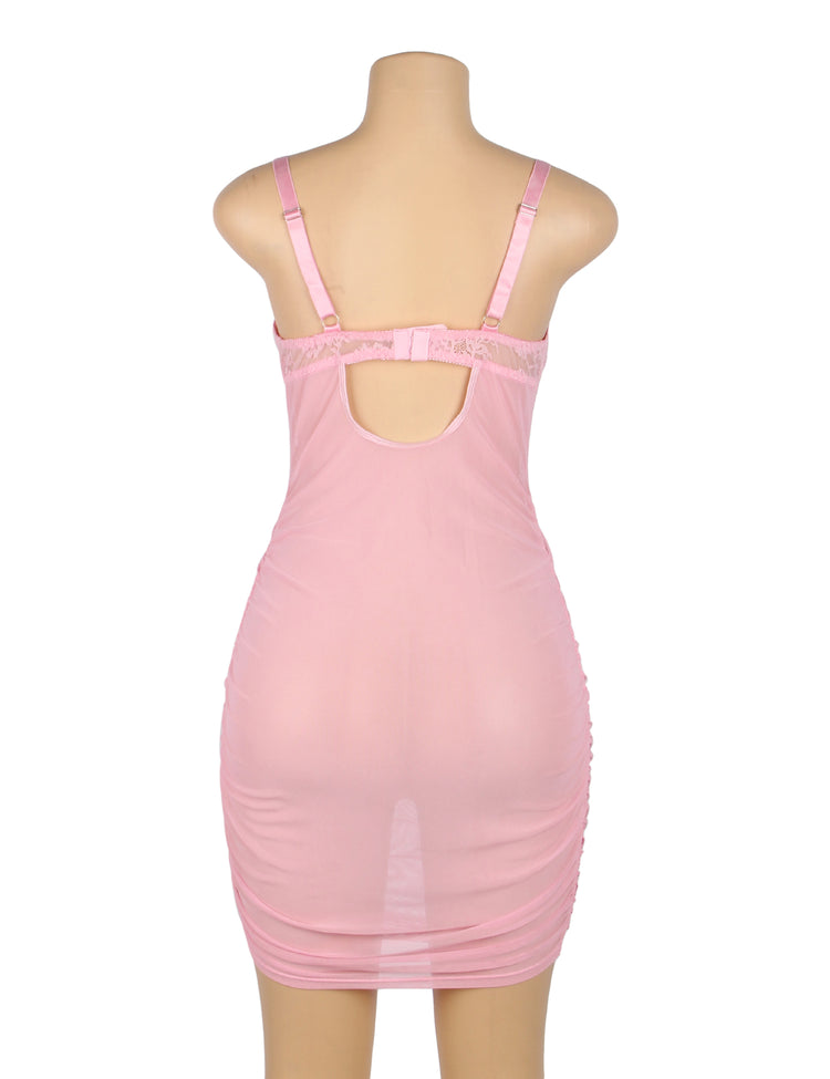 Robe de nuit en maille de dentelle rose Sexy Push Up