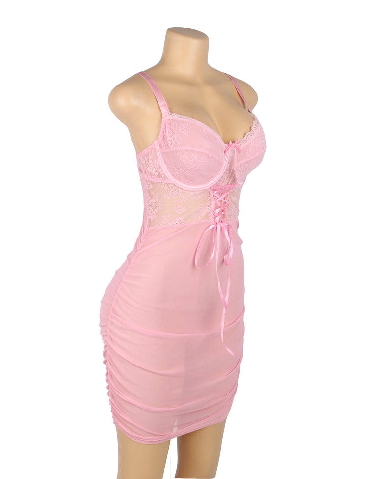 Robe de nuit en maille de dentelle rose Sexy Push Up