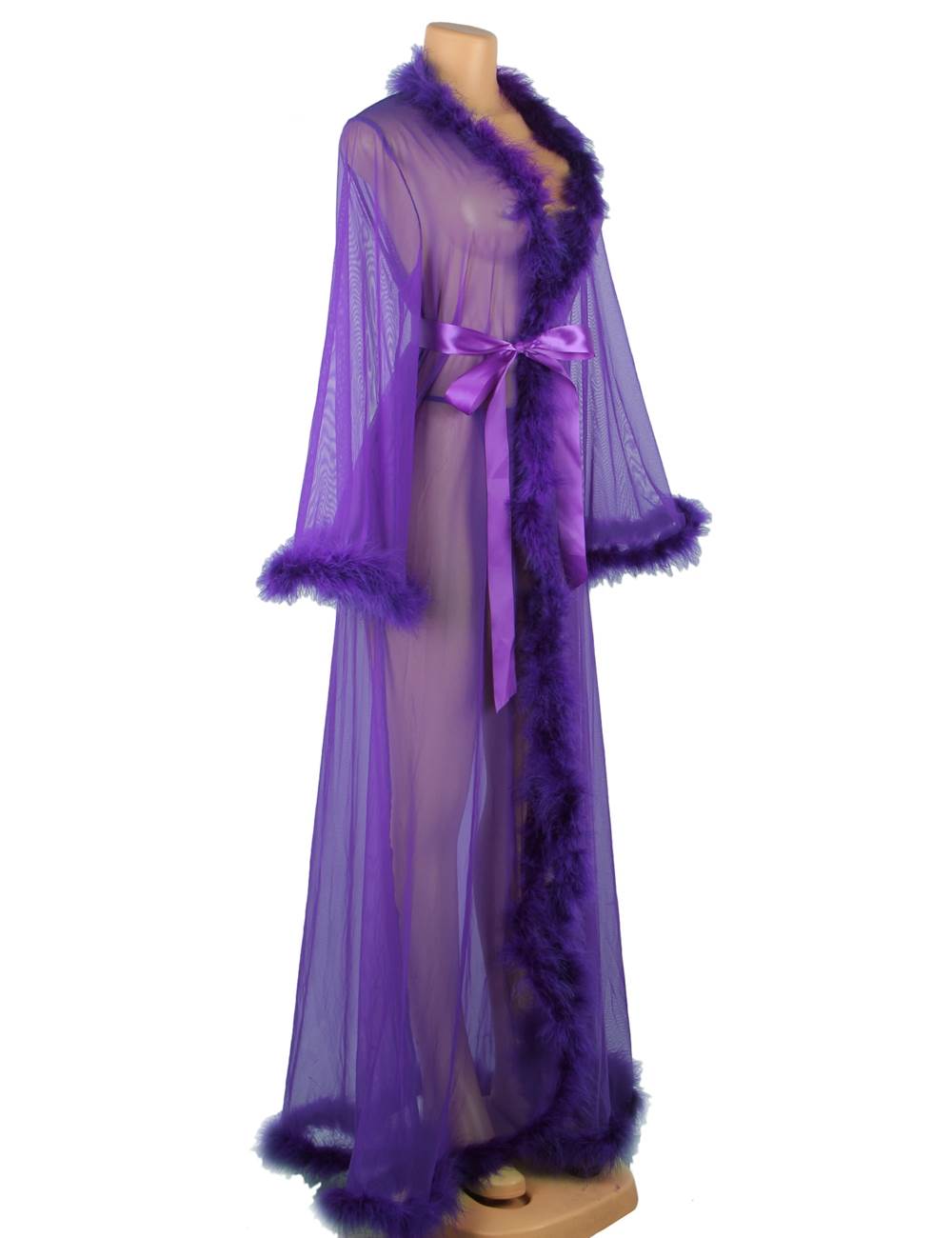 Nuisette de nuit sexy violets de grande taille avec ceinture en peluche bordant la robe en maille
