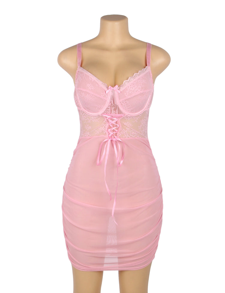 Robe de nuit en maille de dentelle rose Sexy Push Up