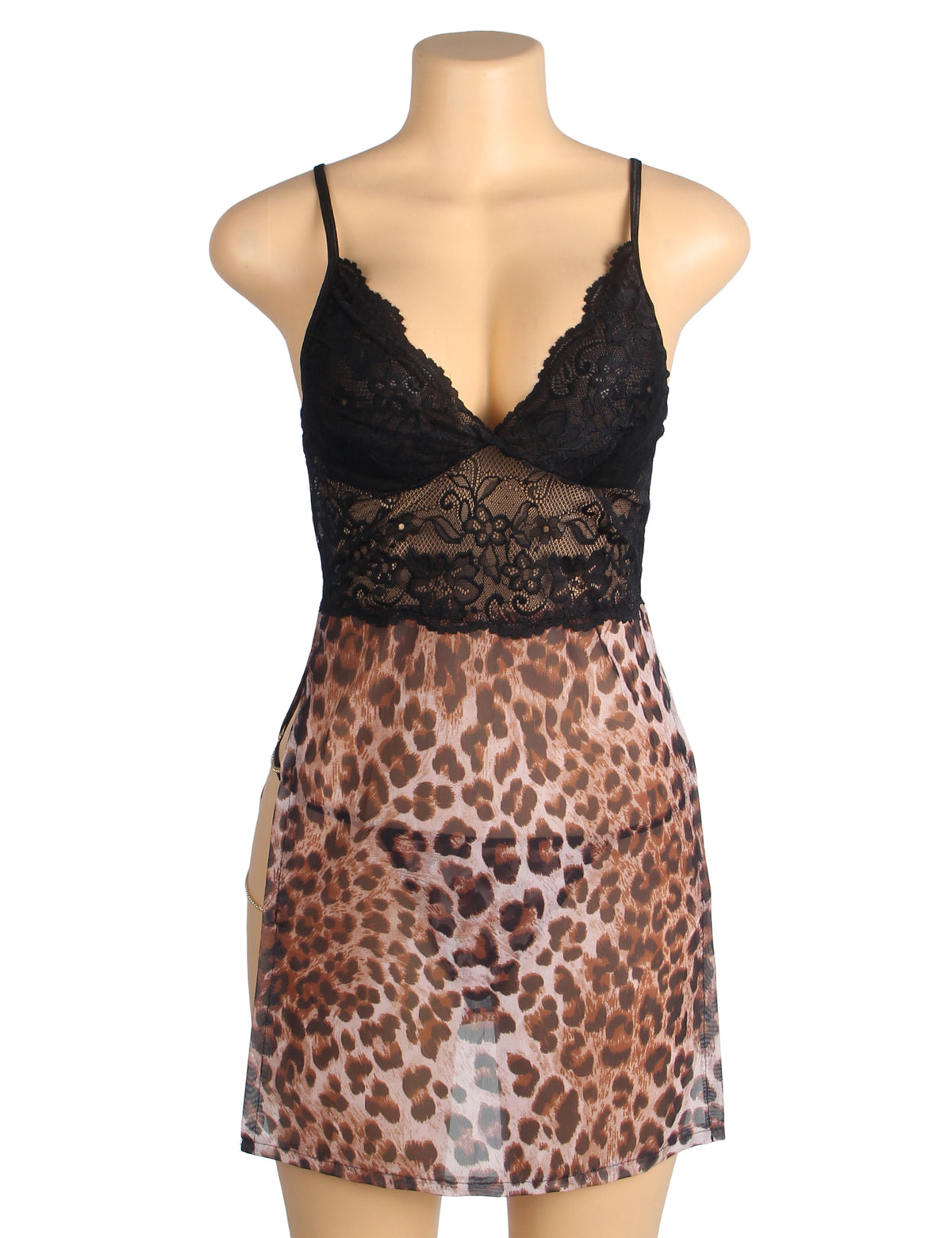 Nuisette sexy à fente latérale en dentelle à imprimé léopard avec chaînes Or