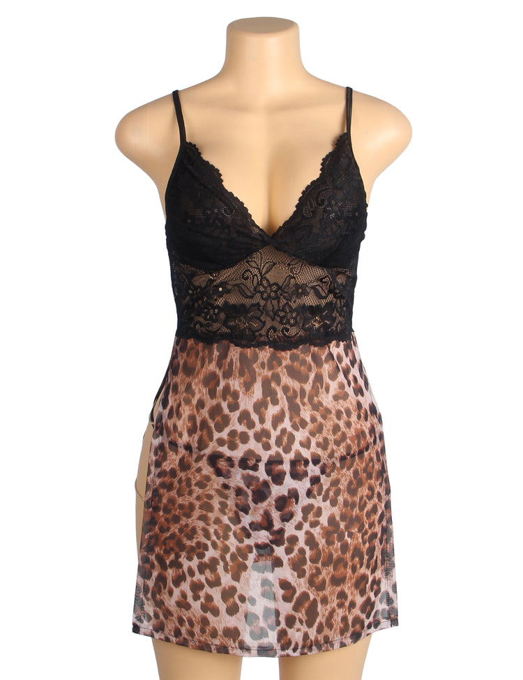 Nuisette sexy à fente latérale en dentelle à imprimé léopard avec chaînes Or