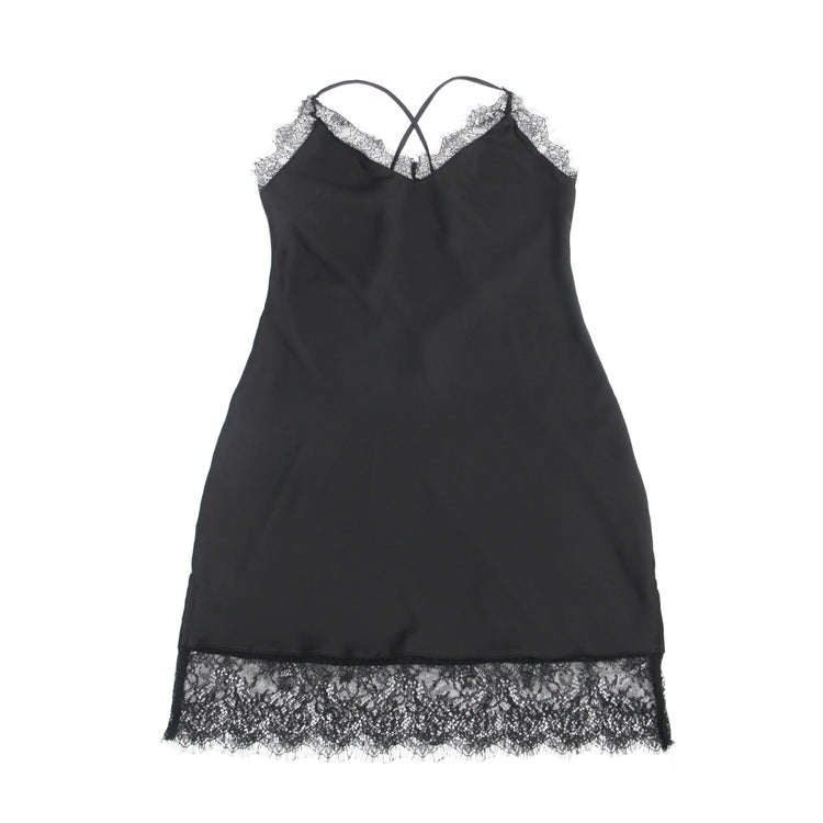Chemise de nuit en dentelle de cils en satin sexy noir