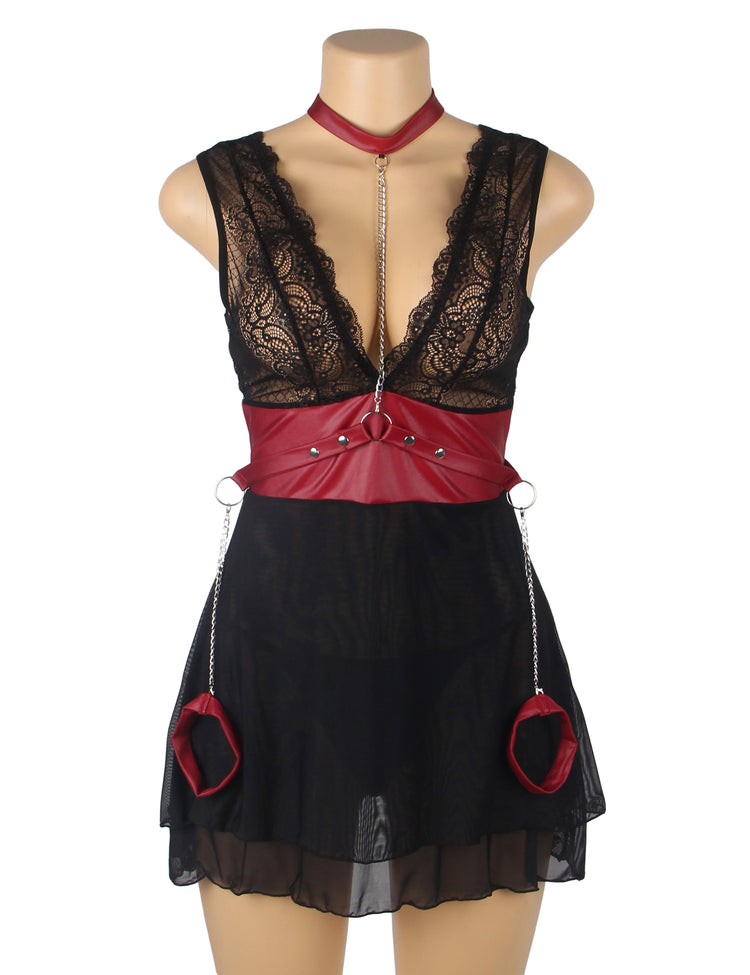 Lingerie sexy en dentelle de maille noire en faux cuir