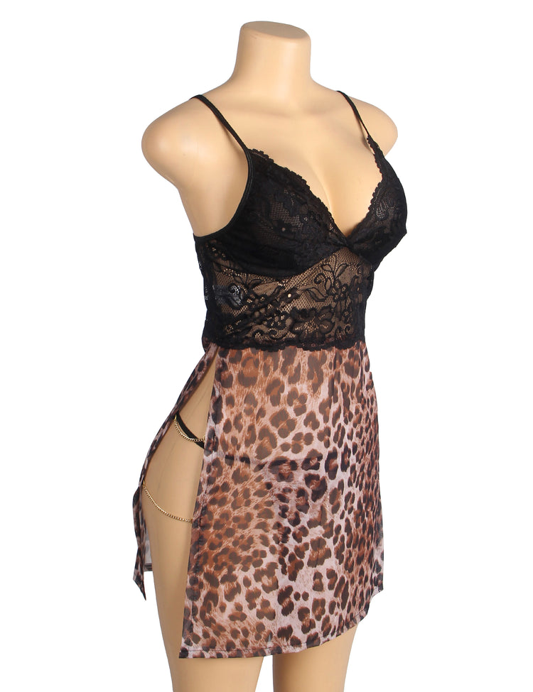 Nuisette sexy à fente latérale en dentelle à imprimé léopard avec chaînes Or