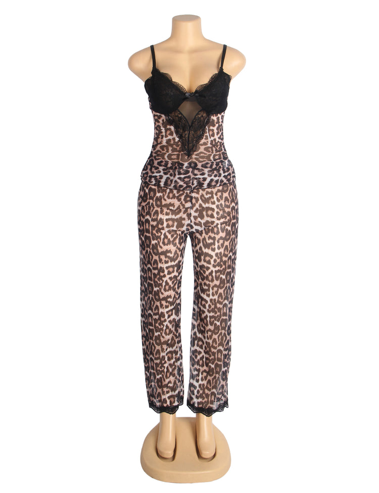 Ensemble de pyjama à bretelles en dentelle léopard sexy