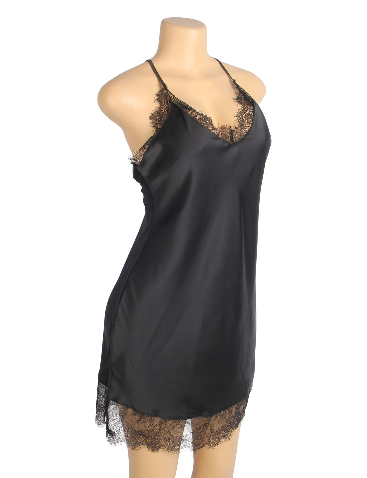 Chemise de nuit en dentelle de cils en satin sexy noir