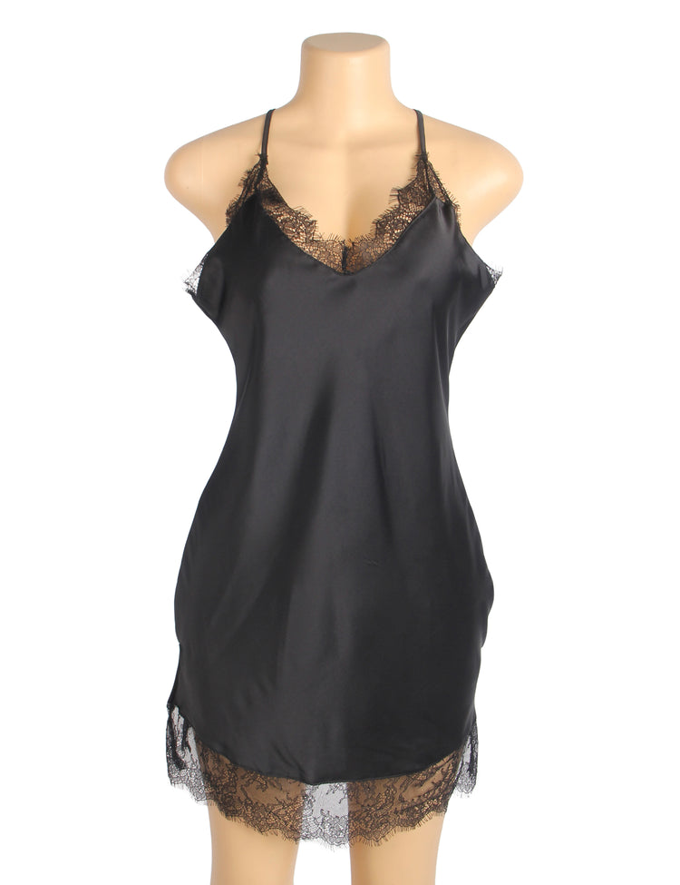 Chemise de nuit en dentelle de cils en satin sexy noir