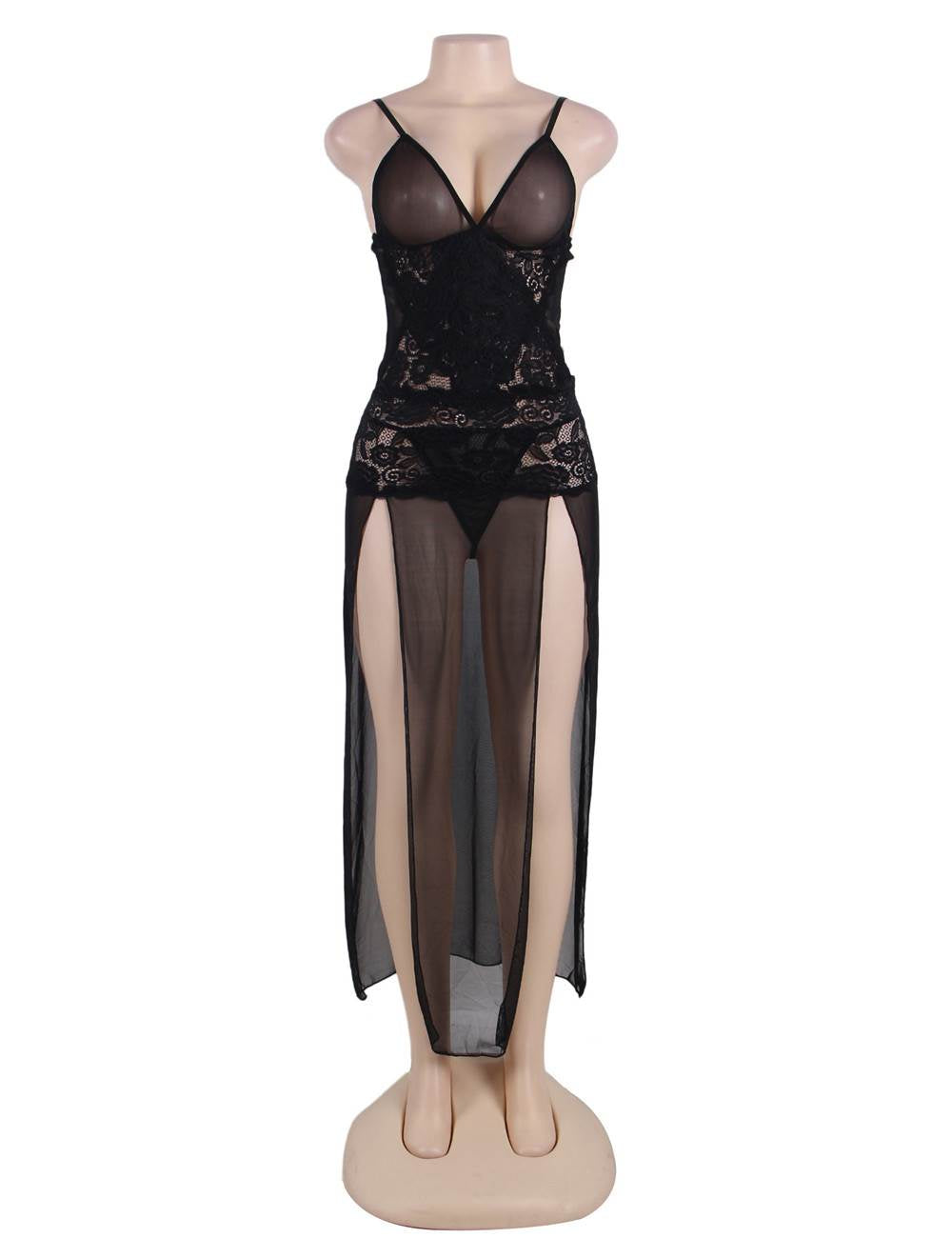 Nuisette Lingerie longue en dentelle noire pour grande taille