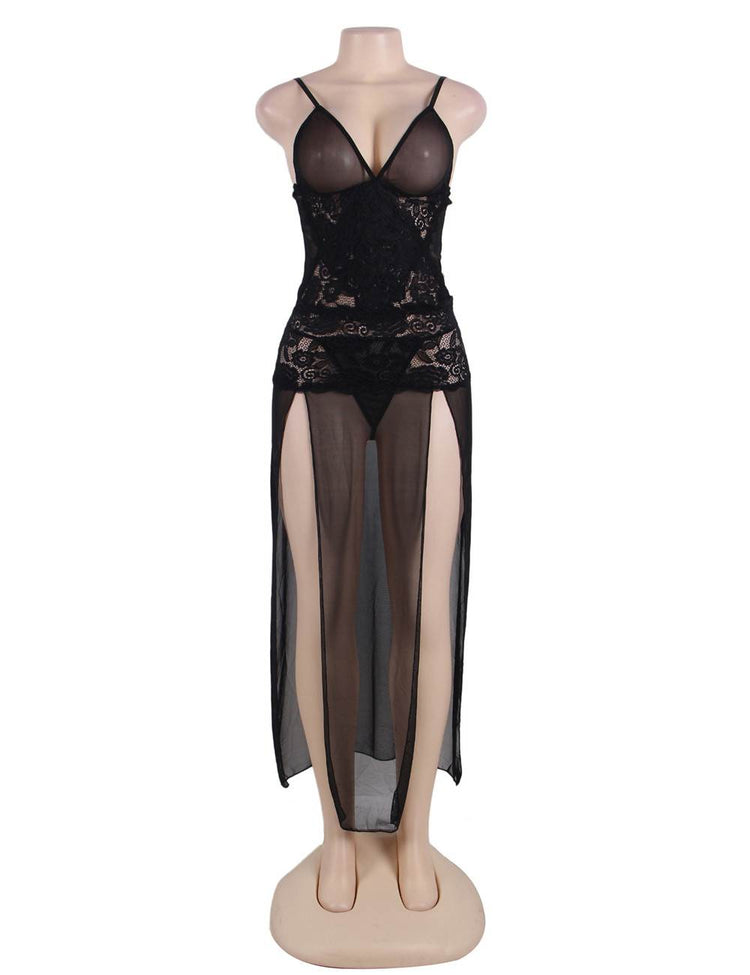 Nuisette Lingerie longue en dentelle noire pour grande taille