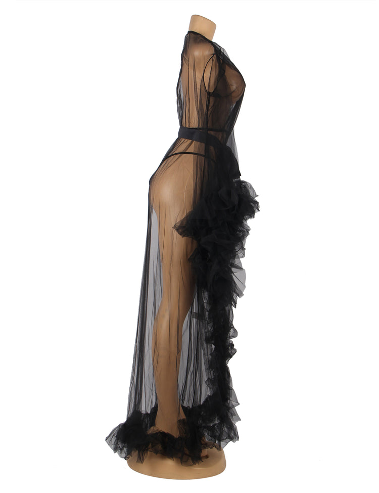 Robe longue blanche et sexy à manches trompette à volants avec ceinture