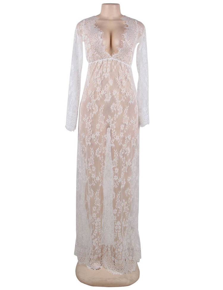 Nuisette De Nuit Longue Blanche Avec String Sexy Vêtements De Nuit Transparents À Col En V