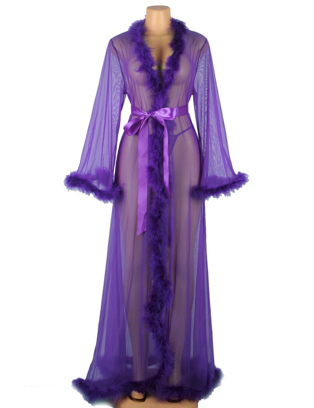 Nuisette de nuit sexy violets de grande taille avec ceinture en peluche bordant la robe en maille