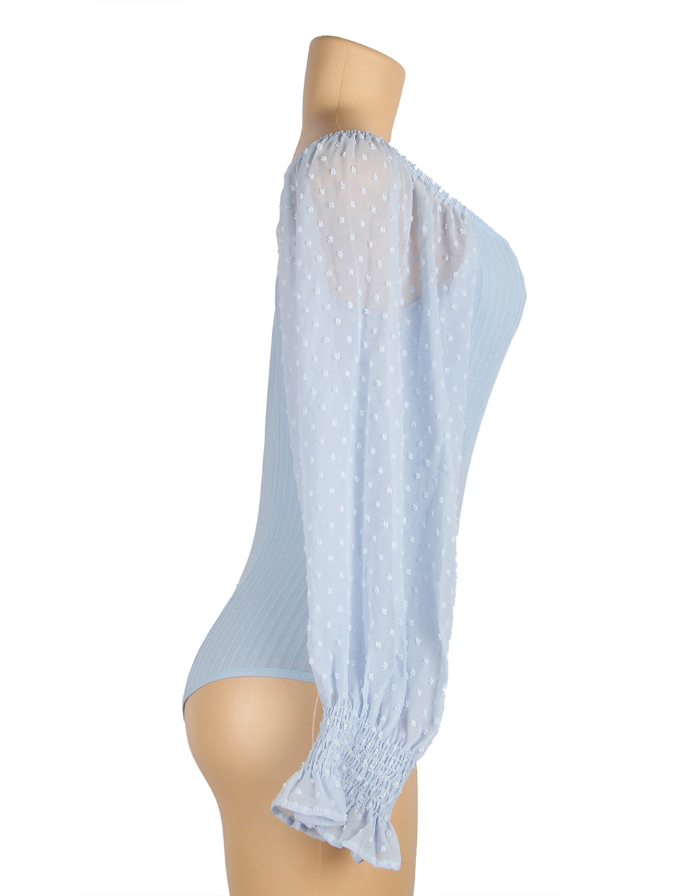 Body bleu ciel à manches bouffantes en tulle à pois - Décolleté carré et coupe ajustée