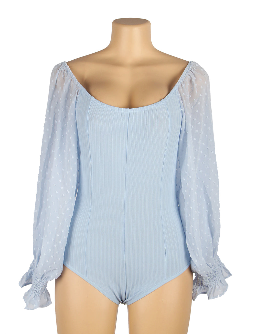 Body bleu ciel à manches bouffantes en tulle à pois - Décolleté carré et coupe ajustée