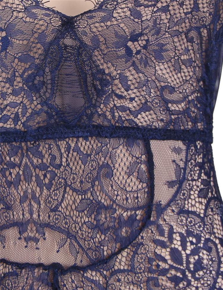 Body en dentelle bleu nuit à décolleté plongeant et manches longues - Lingerie sensuelle