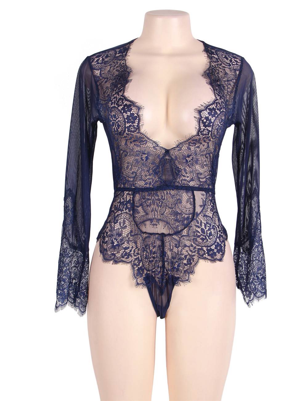 Body en dentelle bleu nuit à décolleté plongeant et manches longues - Lingerie sensuelle