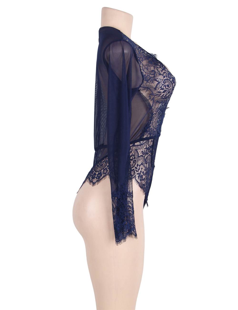 Body en dentelle bleu nuit à décolleté plongeant et manches longues - Lingerie sensuelle