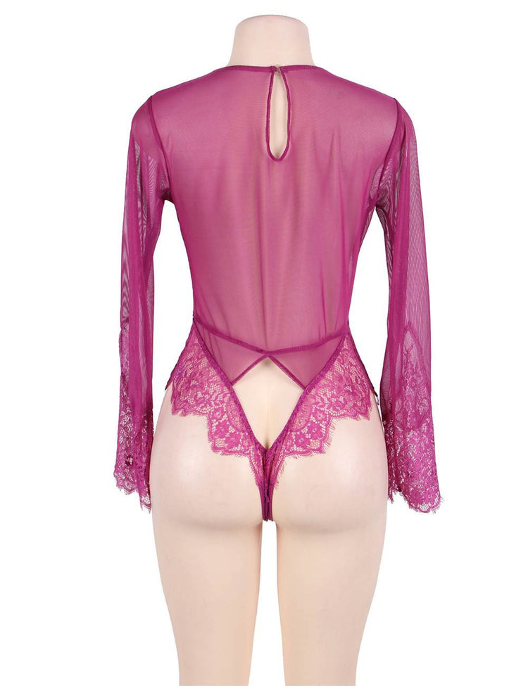 Body en dentelle violette à décolleté plongeant et manches longues - Lingerie sensuelle et élégante