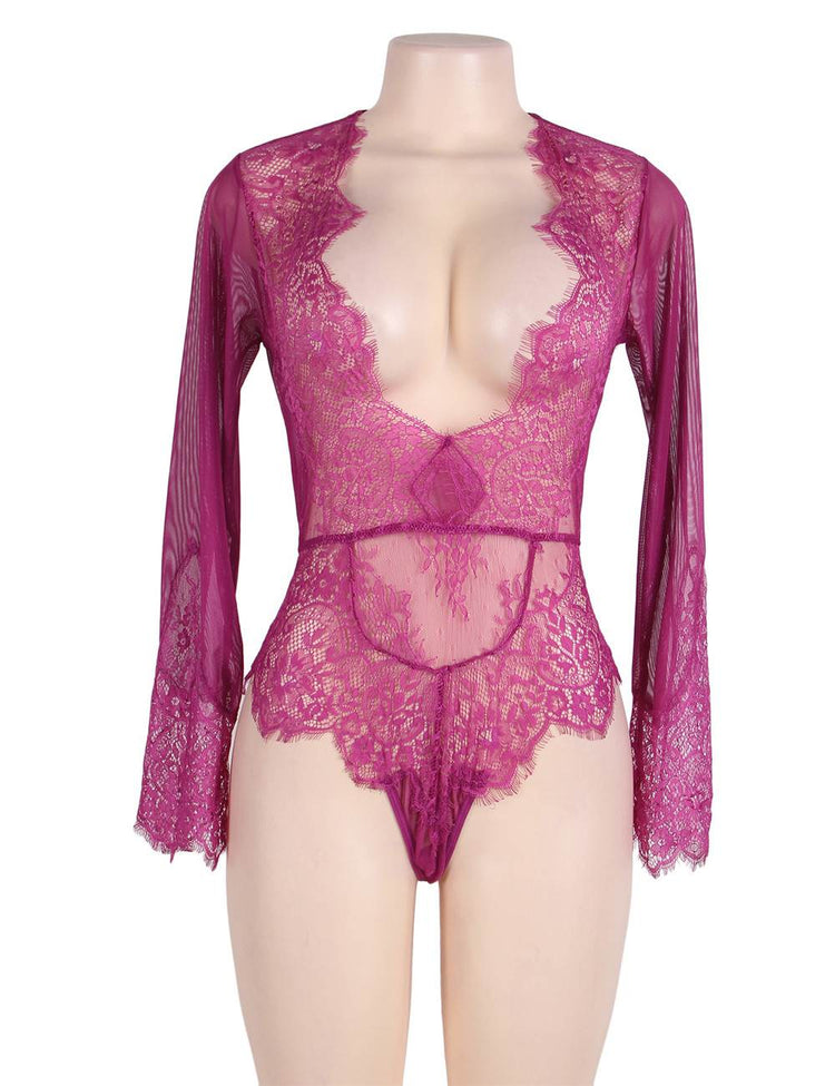 Body en dentelle violette à décolleté plongeant et manches longues - Lingerie sensuelle et élégante