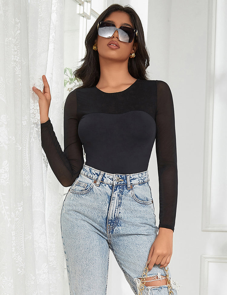 Body noir à manches longues en mesh et coupe ajustée - Élégant et confortable