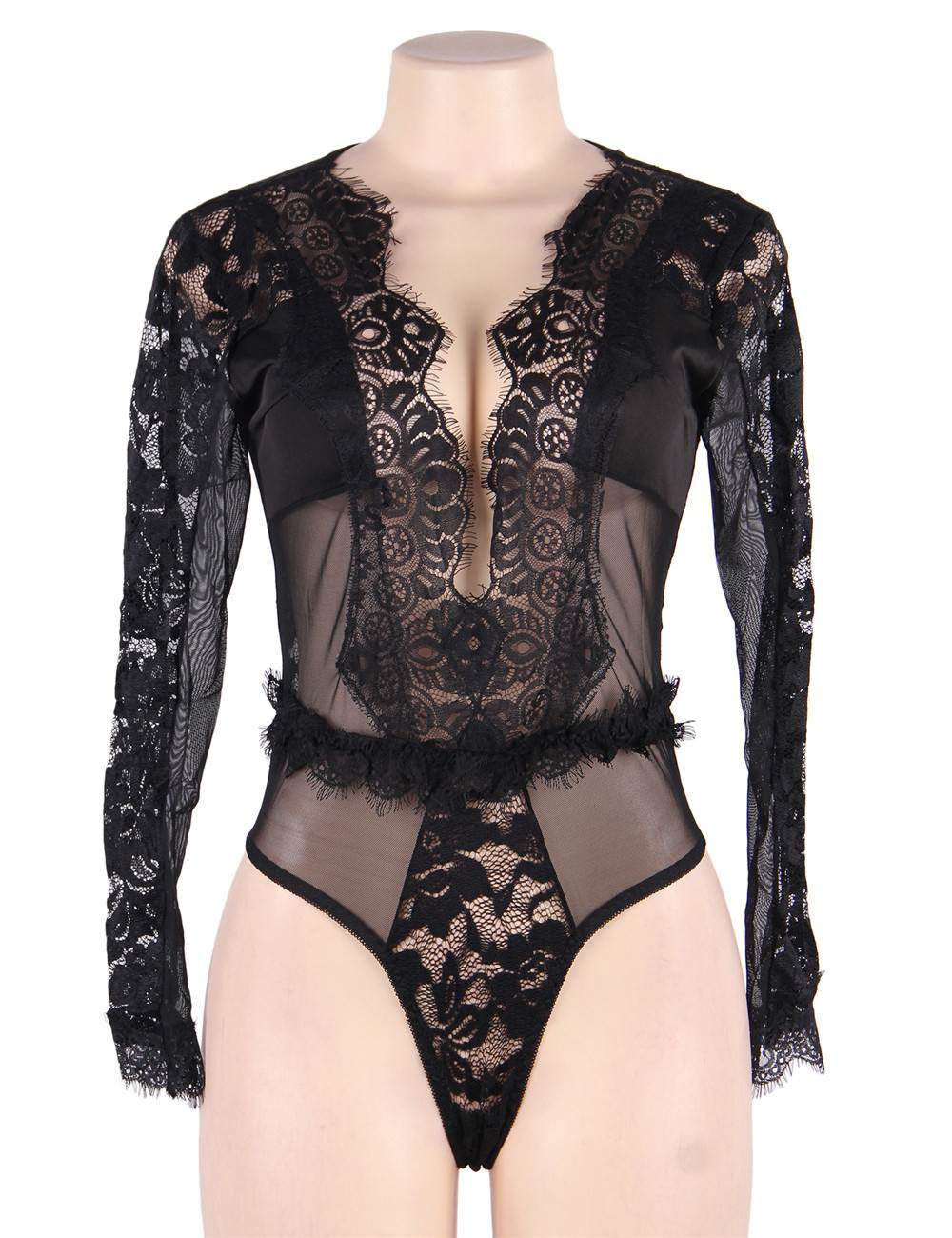 Body noir en dentelle et tulle avec décolleté plongeant
