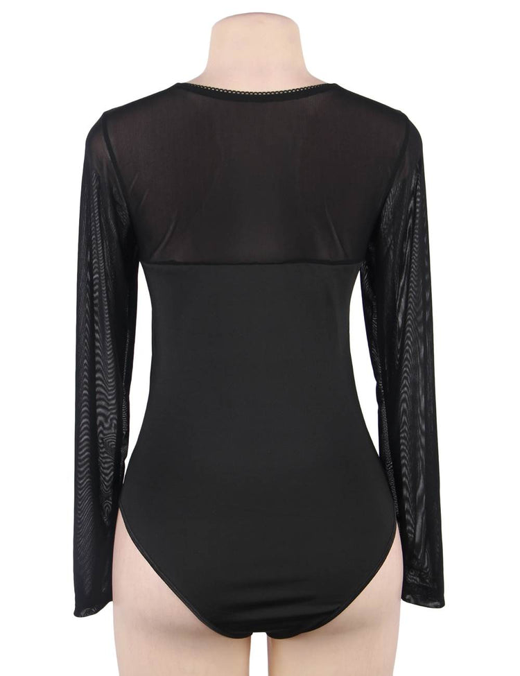 Body noir en mesh avec manches longues transparentes et décolleté cœur - Lingerie élégante et sensuelle