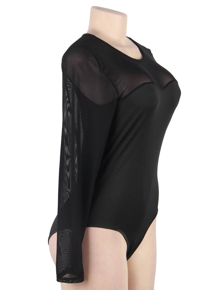 Body noir en mesh avec manches longues transparentes et décolleté cœur - Lingerie élégante et sensuelle