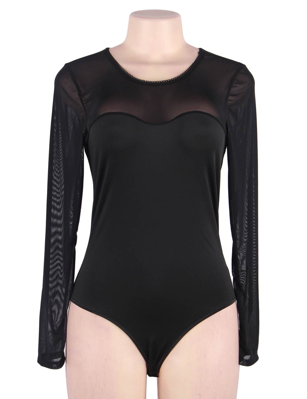 Body noir en mesh avec manches longues transparentes et décolleté cœur - Lingerie élégante et sensuelle