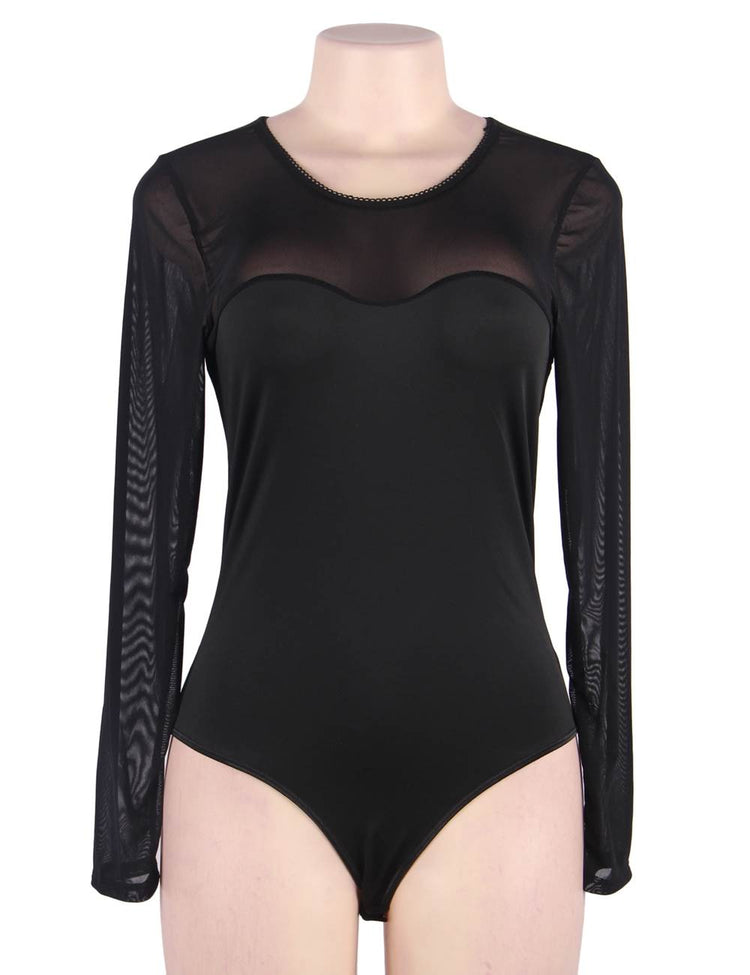 Body noir en mesh avec manches longues transparentes et décolleté cœur - Lingerie élégante et sensuelle