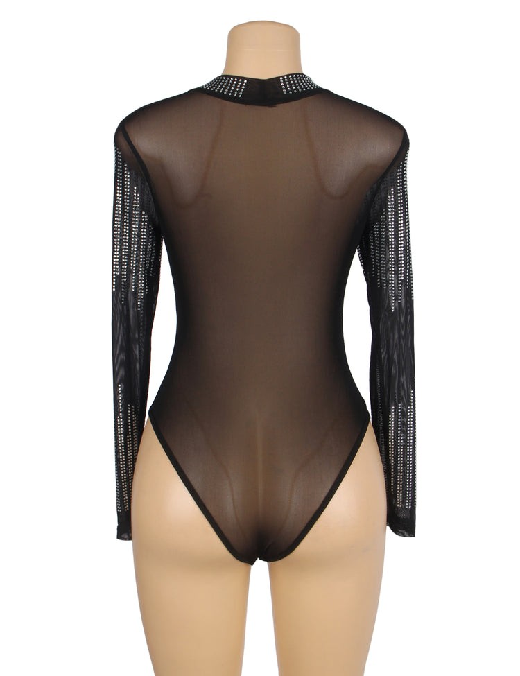 Body noir transparent à manches longues et strass scintillants - Col montant et coupe ajustée