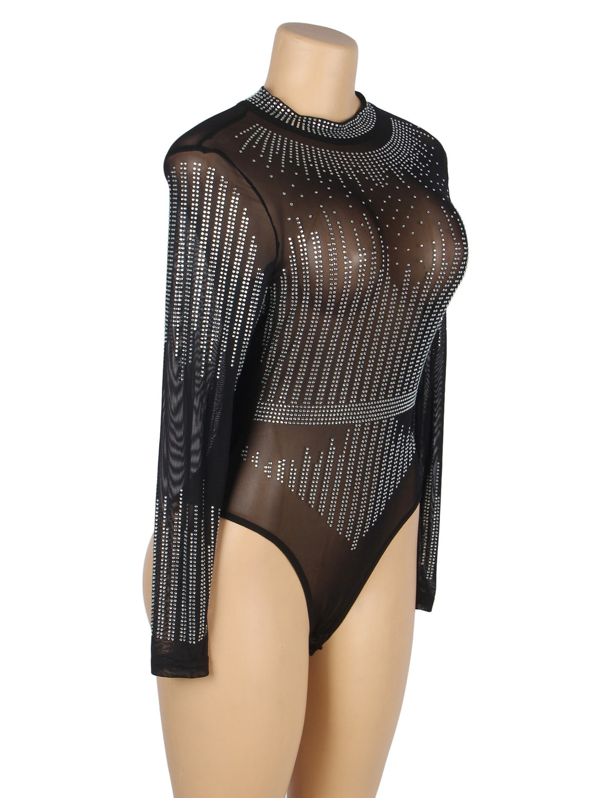 Body noir transparent à manches longues et strass scintillants - Col montant et coupe ajustée