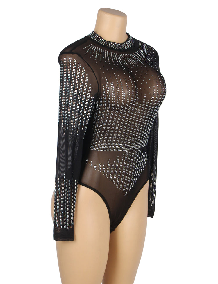 Body noir transparent à manches longues et strass scintillants - Col montant et coupe ajustée