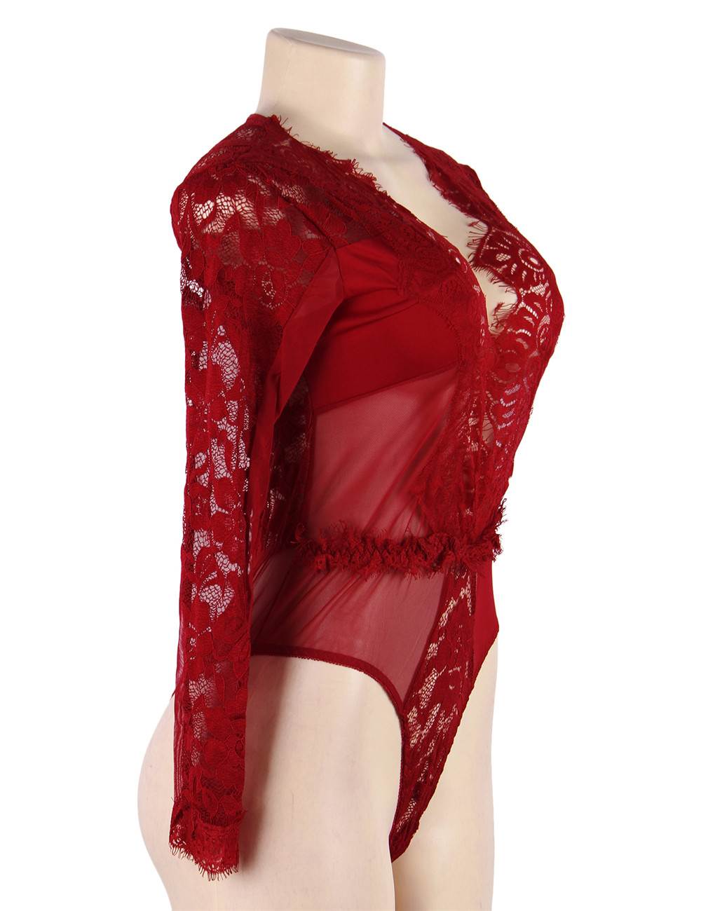 Body rouge en dentelle et tulle avec décolleté plongeant - Lingerie sensuelle et élégante
