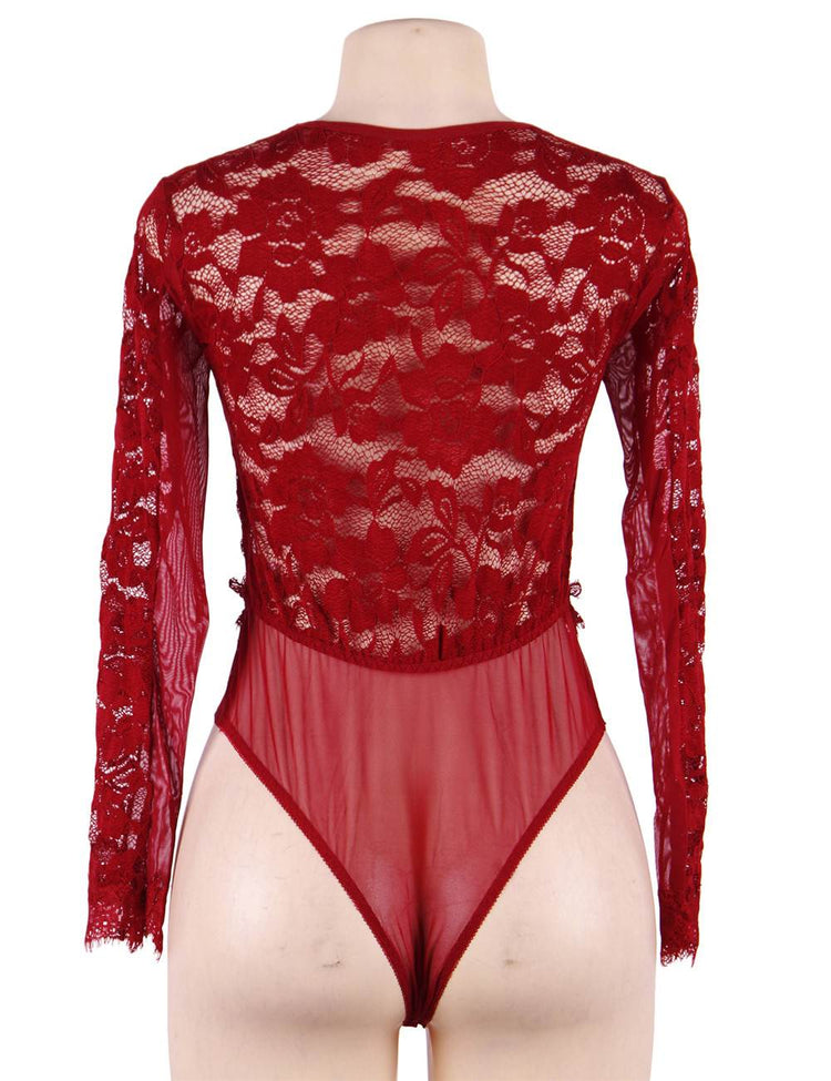 Body rouge en dentelle et tulle avec décolleté plongeant - Lingerie sensuelle et élégante